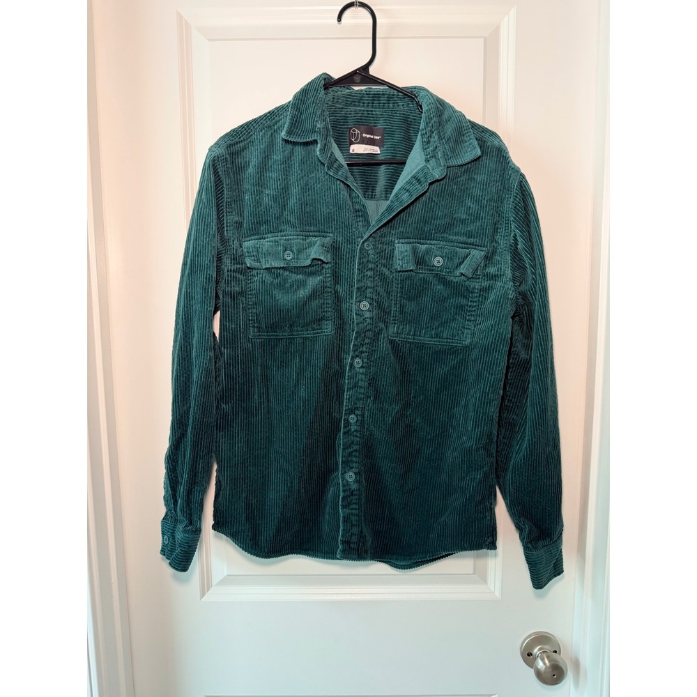 Original Use Mens Corduroy Button Down Shirt Green Small Long Sleeve Pocket